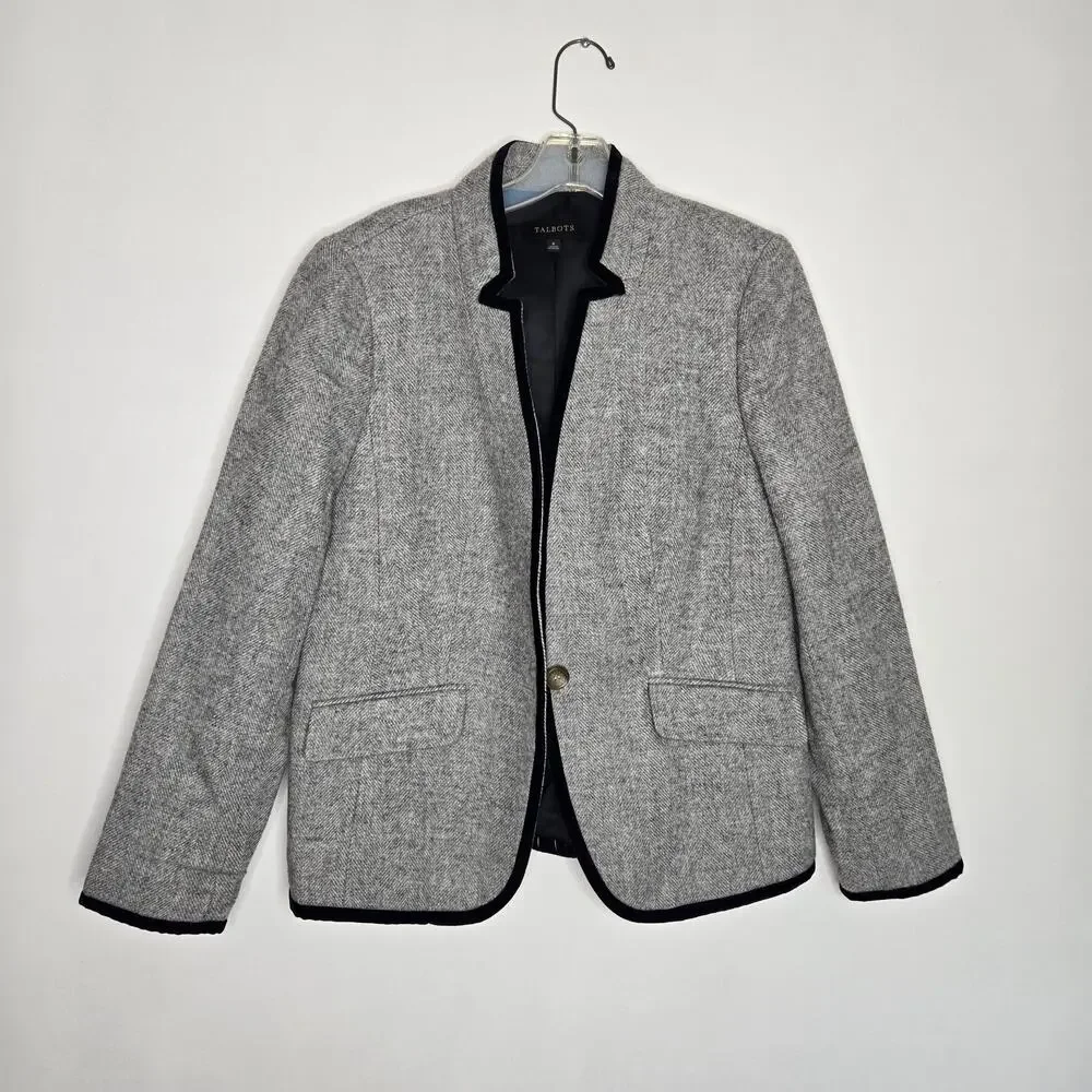 NWT Talbots Wool Schoolboy Blazer Business Gray Tweed Velvet Academia Women 8
